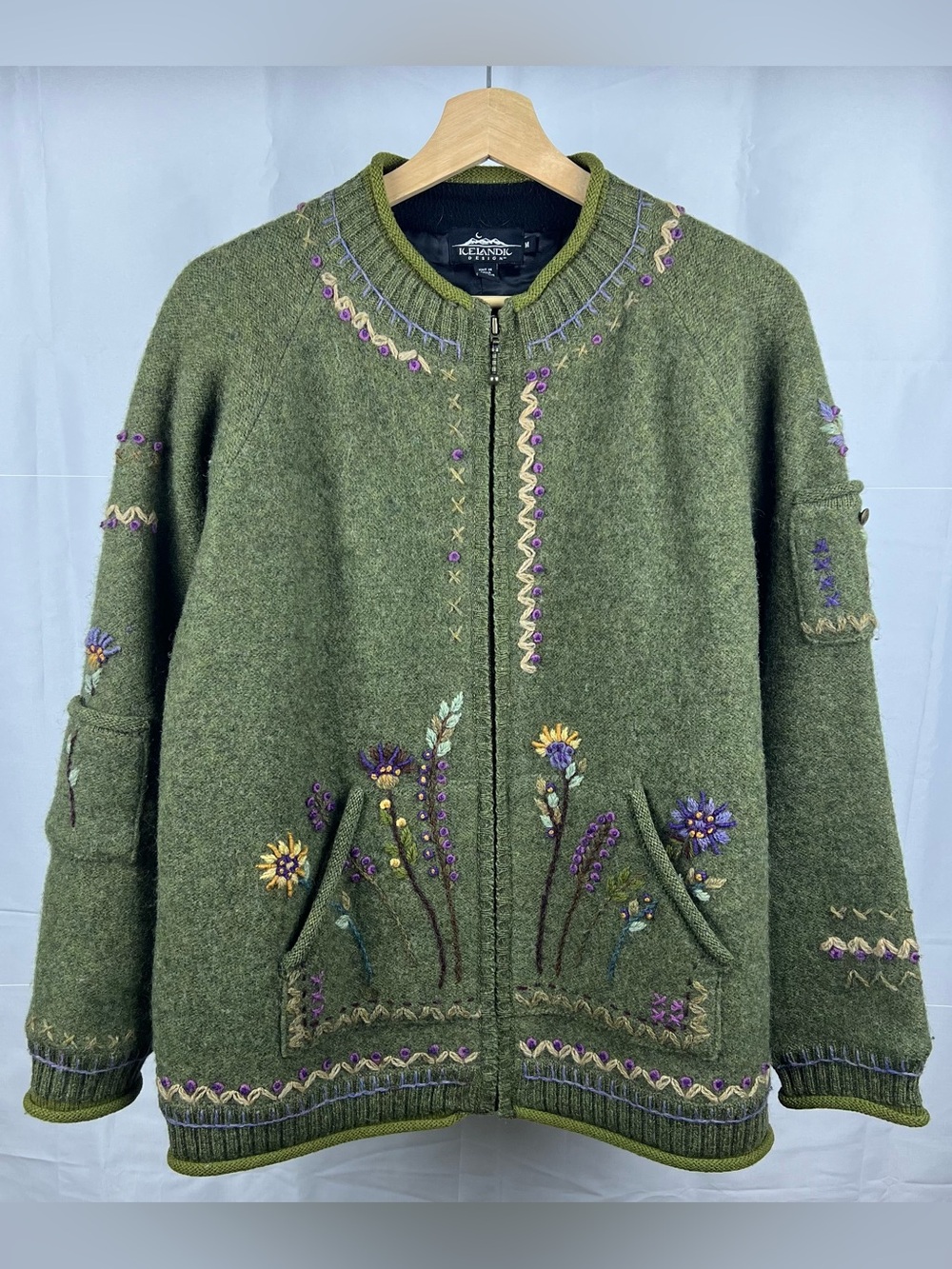 Icelandic Design Wool Zip Up Embroidered Sweater Jacket Womens Medium Floral